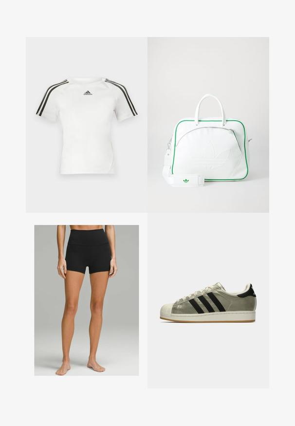 Valkoinen lyhythihainen urheilupaita, jossa musta kolmi-nauha design olkapäillä, sileä pinta ja pieni musta adidas-logo rinnassa.; Mustat korkeat shortsit, jotka on valmistettu joustavasta kankaasta. Niissä on sileä pinta, tiukka muotoilu ja polvipituus. Ei näkyviä yksityiskohtia.; Adidas-tennarit metallinhopeapintaisella päällisellä, jossa on kolme mustaa raitaa, kuminen varvaskuppi ja kumipohja. Klassinen muotoilu, jossa on teksturoitu kangas.; Valkoinen nahkalaukku vihreällä reunuksella, jossa on näkyvä kohokuvioitu logo, kaksinkertaiset kahvat, irrotettava olkahihna ja vetoketjullinen etutasku.
