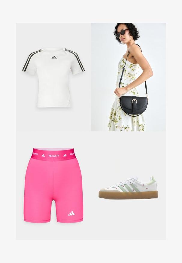 Maglietta atletica bianca a maniche corte con design a tre strisce nere sulle spalle, texture liscia e piccolo logo adidas nero sul petto.; Pantaloncini sportivi rosa realizzati in materiale elastico, con una fascia larga in vita con il marchio "TECHFIT" e un piccolo logo bianco sulla gamba.; Sneaker bianco con accenti verdi, tre strisce, ricami floreali e suola in gomma. Presenta una punta arrotondata e un design con lacci.; Borsa a tracolla nera in pelle con una forma curva, manico rimovibile e accessori dorati. La borsa presenta una patta con un dettaglio a fibbia.