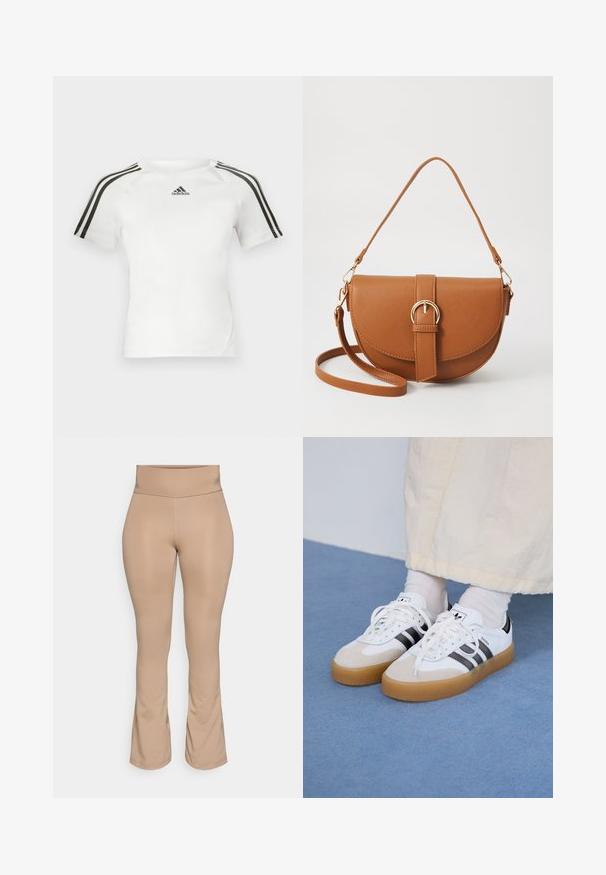 Vit kortärmad träningsskjorta med svart tre-stripes design på axlarna, slät textur och en liten svart adidas-logotyp på bröstet.; Nude-färgade leggings med hög midja, utsvängd nederkant, slät yta och utan synliga mönster eller hårdvarudetaljer.; Vita sneakers med svarta ränder och beige mockadetaljer. Har en texturerad gummisul och platta vita skosnören, bärs med ljusa strumpor.; Brun läder crossbody-väska med en böjd form, gyllene detaljer och en spänneaccent. Har en avtagbar axelrem.