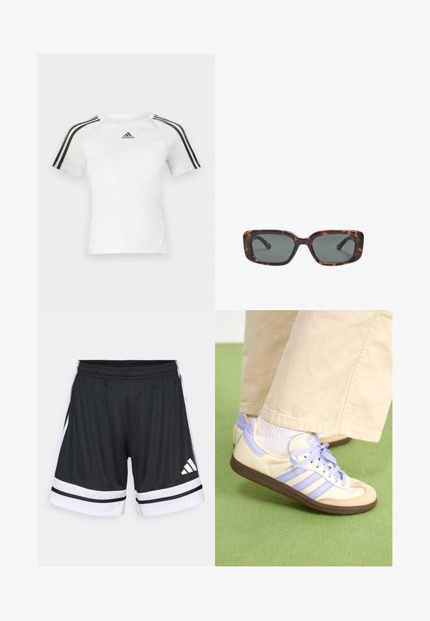 Valkoinen lyhythihainen urheilupaita, jossa musta kolmi-nauha design olkapäillä, sileä pinta ja pieni musta adidas-logo rinnassa.; Mustat urheilushortsit, joissa on valkoiset raidat ja kolme vaakasuoraa raitaa helman kohdalla. Joustava vyötärö ja Adidas-logo valkoisena vasemmassa reisissä.; Kermasilta ja laventelilta näyttävät lenkkarit kolmella raidalla ja teksturoidulla ruskealla pohjalla, varustettuna nauhoilla ja pehmustetulla kantapäällä. Pehmeä kangaspinta.; Silmälasit pähkinäkuoresta, joissa on suorakulmaiset linssit, paksut kehykset ja tummennetut linssit. Sileä pinta ja minimalistinen muotoilu.