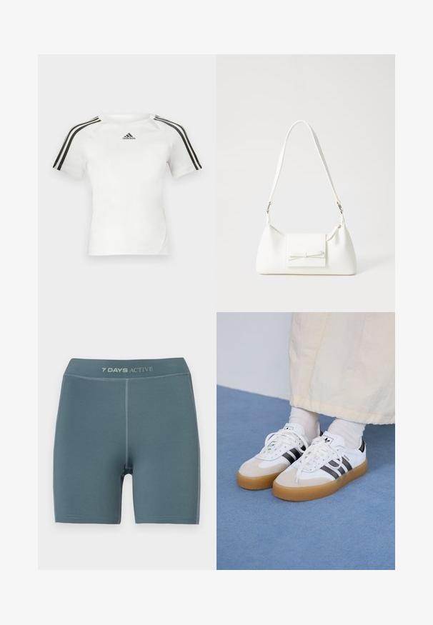 Fehér, rövid ujjú sportpóló, fekete háromsávos dizájnnal a vállakon, sima tapsztat, és egy kis fekete adidas logóval a mellkason.; Világoskék sportnap shorts, sima tapintású, közép-thigh hosszú, derékpántján logóval; megerősített varratokkal rendelkezik.; Fehér sportcipő fekete csíkokkal és bézs velúr részletekkel. Texturált gumi talppal és lapos fehér fűzőkkel rendelkezik, világos színű zoknival viselve.; Fehér szintetikus kézitáska, háromszög alakú, lapos előlap, masni részlettel, állítható pánttal, sima textúrával és minimalista dizájnnal.