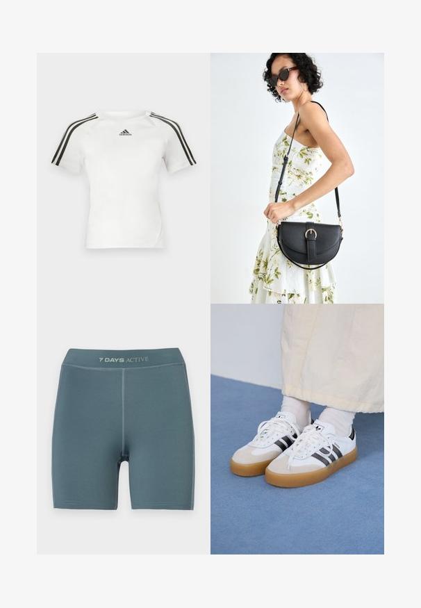 Fehér, rövid ujjú sportpóló, fekete háromsávos dizájnnal a vállakon, sima tapsztat, és egy kis fekete adidas logóval a mellkason.; Világoskék sportnap shorts, sima tapintású, közép-thigh hosszú, derékpántján logóval; megerősített varratokkal rendelkezik.; Fehér sportcipő fekete csíkokkal és bézs velúr részletekkel. Texturált gumi talppal és lapos fehér fűzőkkel rendelkezik, világos színű zoknival viselve.; Fekete bőrtáska ívelt formával, levehető pánttal és arany színű fémrészekkel. A táskán egy csattal díszített fedél található.