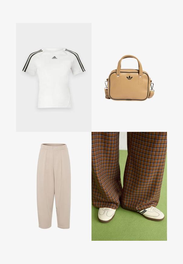 Valkoinen lyhythihainen urheilupaita, jossa musta kolmi-nauha design olkapäillä, sileä pinta ja pieni musta adidas-logo rinnassa.; Beige, mid-length trouseri din material moale. Au o talie largă, plisuri frontale și picioare conice cu tivuri întoarse.; Ruskonsin ja sininen ruutukuvioinen leveälahkeinen housut yhdistettynä valkoisiin kenkiin, joissa on mustia yksityiskohtia ja tekstuuripohjat, vihreää taustaa vasten.; Beige nahka-tube laukku, jossa on kaksi kahvaa, irrotettava olkahihna, mustat korostusompeleet ja pieni musta logo edessä.