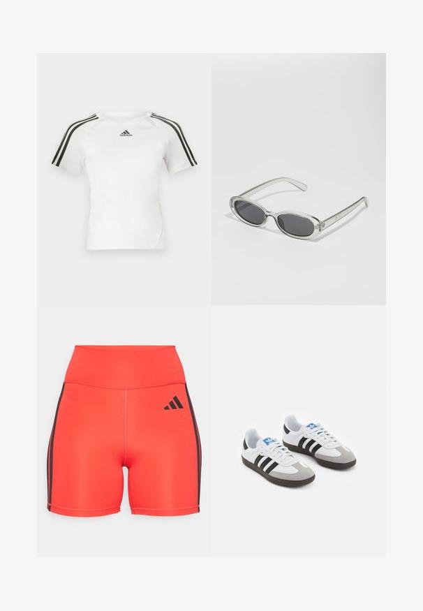 Bela kratka športna majica z črnimi tridelnimi črtami na ramenskem delu, gladka tekstura in majhen črn adidas logotip na prsih.; Svetlo rdeče športne hlače z visokim pasom, ki imajo črne stranske črte in Adidasov logotip. Narejene so iz raztegljive tkanine za udobje.; Športni čevlji z belim usnjenim zgornjim delom, sivim semišem na prstih in tremi črnimi črtami. Imajo modro logo na jeziku in teksturiran gumijast podplat.; Sončna očala ovalne oblike, prozoren plastičen okvir, temno sivi leči in tanke prozorne roke z logotipnimi akcenti in minimalnimi detajli.
