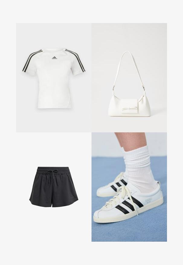 Valge lühikeste varrukatega sportlik särk, millel on must kolmerealine disain õlgadel, sile tekstuur ja väike must adidas'i logo rinnal.; Mustad mustika spordishortsid elastse vöökoha, seesmise nööriga ja külje lõigetega. Valmistatud sileda, kergest kangast.; Valge nahast spordijalatsid mustade triipudega, kreemjasel tallal ja heledate paelatega. Kandmine valgete ribadega sokkidega, paigutatud sinise taustaga.; Valge sünteetilisest materjalist kott kolmnurkse kujuga, lame esiklapiga ja kaaredetailiga, reguleeritava rihmaga, sileda tekstuuriga ja minimalistliku disainiga.