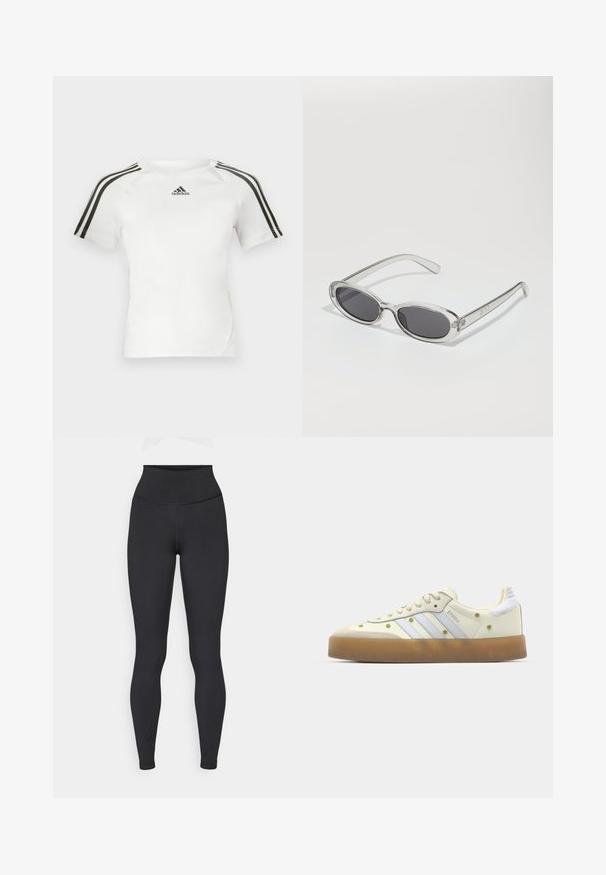 Bela kratka športna majica z črnimi tridelnimi črtami na ramenskem delu, gladka tekstura in majhen črn adidas logotip na prsih.; Črne legice z visokim pasom, narejene iz razteznega materiala, z gladko teksturo in prilegajočim dizajnom, brez vidnih logotipov ali vzorcev.; Kremni športni copati s svetlo modrimi črtami, gumo podplatom in dekorativnimi rumenimi cvetnimi akcenti na zgornjem materialu. Oblika z zaobljenim nosom.; Sončna očala ovalne oblike, prozoren plastičen okvir, temno sivi leči in tanke prozorne roke z logotipnimi akcenti in minimalnimi detajli.; Črna usnjena torbica s ukrivljeno obliko, z odstranljivo naramnico in zlatimi dodatki. Torbica ima pokrov s podrobnostmi v obliki zaponke.