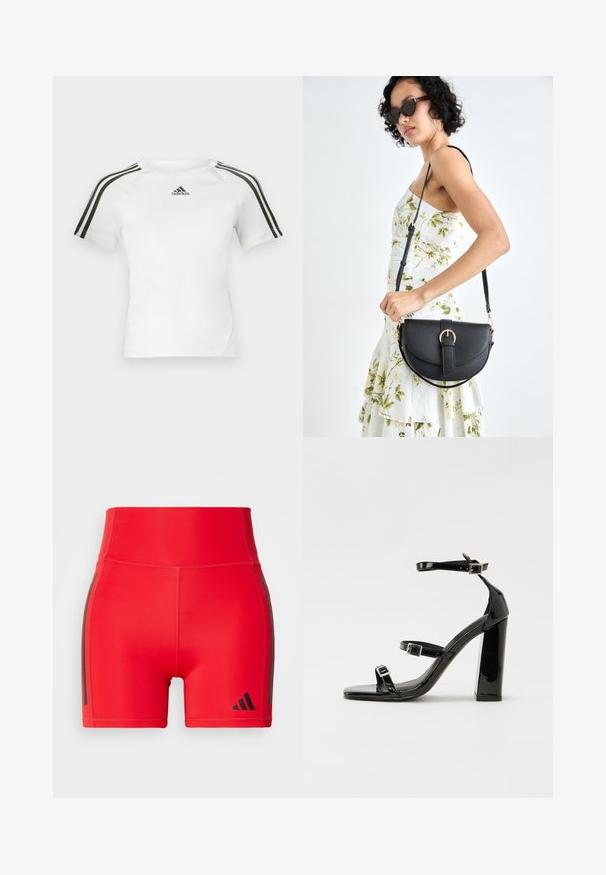 Witte sport shirt met korte mouwen, voorzien van een zwart driekleurig ontwerp op de schouders, een gladde textuur en een klein zwart adidas-logo op de borst.; Rode sportieve shorts met een hoge tailleband, gemaakt van rekbaar materiaal, voorzien van zwarte zijstrepen en een reliëflogo in de onderste hoek.; Zwarte gepatenteerde sandalen met hak en een vierkante neus, enkelbandjes en zilveren gespen. Heeft een stevige blokhak voor stabiliteit.; Zwarte leren handtas met een gebogen vorm, afneembare schouderband en gouden hardware. De tas heeft een klep met een gespsluiting.