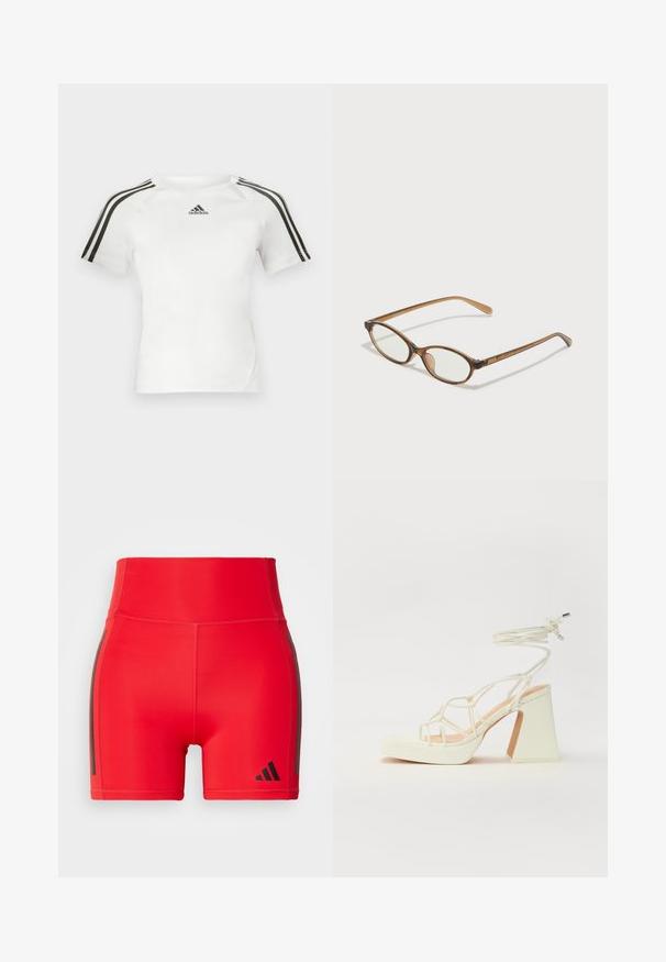 Camiseta atlética de manga corta blanca con diseño de tres rayas negras en los hombros, textura suave y un pequeño logo de adidas en negro en el pecho.; Pantalones cortos deportivos rojos con una cintura alta, confeccionados en material elástico, con rayas laterales negras y un logotipo en relieve en la esquina inferior.; Sandalia de tacón alto blanca con un tacón grueso, que presenta un diseño de tiras y un lazo en el tobillo. Textura suave con una plataforma en la parte delantera para mayor altura.; Gafas de carey marrón con lentes ovalados, patas delgadas y acentos transparentes. Presenta un sutil logo en la varilla. Diseño elegante y ligero.