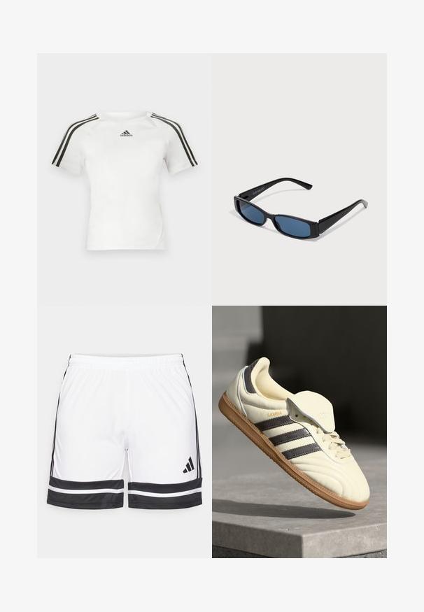 Bílý sportovní triko s krátkým rukávem, s černým třemi pruhy na ramenou, hladkou texturou a malým černým logem adidas na hrudi.; Bílé sportovní šortky s černými akcenty, které mají pružný pas a kontrastní černé pruhy podél spodního okraje a po stranách.; Krémové kožené tenisky se třemi tmavými pruhy, hnědou gumovou podrážkou a zaoblenou špičkou. Mají skládací jazyk s nápisem "SAMBA."; Černé sluneční brýle s elegantním obdélníkovým rámem a modrými čočkami. Mají hladký povrch a pevné nožičky. Logo značky na boku.