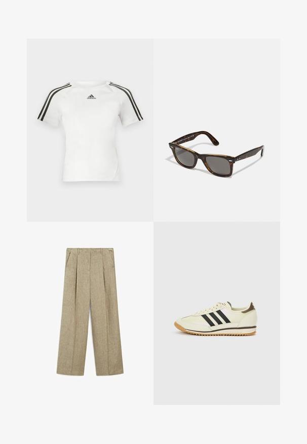 Weißes kurzärmliges Sportshirt mit schwarzem Dreistrich-Design auf den Schultern, glatter Textur und kleinem schwarzen adidas-Logo auf der Brust.; Hellbeige, weit geschnittene Hose mit Falten, ausgestattet mit zwei seitlichen Taschen und einem strukturierten Leinenmischgewebe.; Weißer Sneaker mit schwarzen Streifen, Obermaterial aus Leder, Gummisohle und beigefarbenen Akzenten. Verfügt über ein klassisches Schnürdesign und eine strukturierte Zunge.; Schildpatt-Sonnenbrille mit grauen Gläsern und quadratischem Rahmen, ausgestattet mit metallischen Akzenten an den Bügeln und einem Logo im Design.; Cremfarbene Leder-Schultertasche mit einer Halbmondform, dünnem Schulterriemen und subtilen Stichdetails. Minimalistisches Design mit goldfarbenen Hardware-Akzenten.