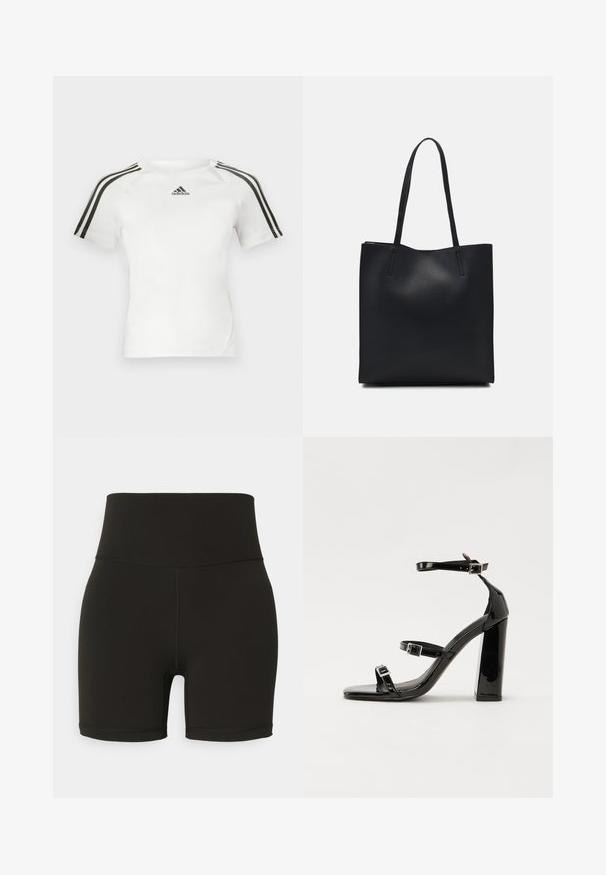 Cămașă sport albă cu mânecă scurtă, cu un design cu trei dungi negre pe umeri, textură netedă și un mic logo adidas negru pe piept.; Shorts de ciclism negri, cu talie înaltă, dintr-un material elastic, cu un design fără cusături și accente cusute, terminându-se deasupra genunchiului.; Sandale cu toc din patent negru, cu vârf pătrat, curele la gleznă și catarame din argint. Dispune de un toc gros pentru stabilitate.; Geantă tote neagră din piele, cu textură netedă, formă rectangulară și două mânere lungi. Fără hardware vizibil sau ornamente.
