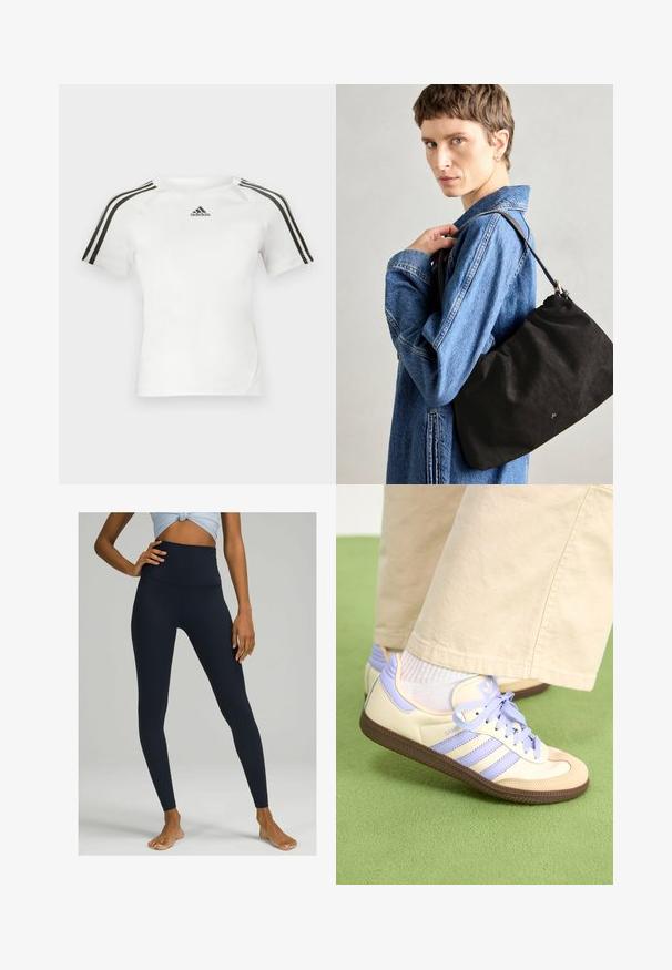 Weißes kurzärmliges Sportshirt mit schwarzem Dreistrich-Design auf den Schultern, glatter Textur und kleinem schwarzen adidas-Logo auf der Brust.; Hoch taillierte marineblaue Leggings aus dehnbarem Stoff. Elegantes Design mit glatter Textur und körpernahem Schnitt, der bis zum Knöchel reicht.; Cremefarbene und lavendelfarbene Sneakers mit drei Streifen und einer strukturierten braunen Sohle, ausgestattet mit Schnürsenkeln und einer gepolsterten Ferse. Obermaterial aus weichem Stoff.; Schwarze Wildleder-Handtasche mit weicher, strukturierter Form, ausgestattet mit einem schmalen Ledertrageriemen und dezentem Markenlogo. Das Modell trägt eine Jeansjacke.