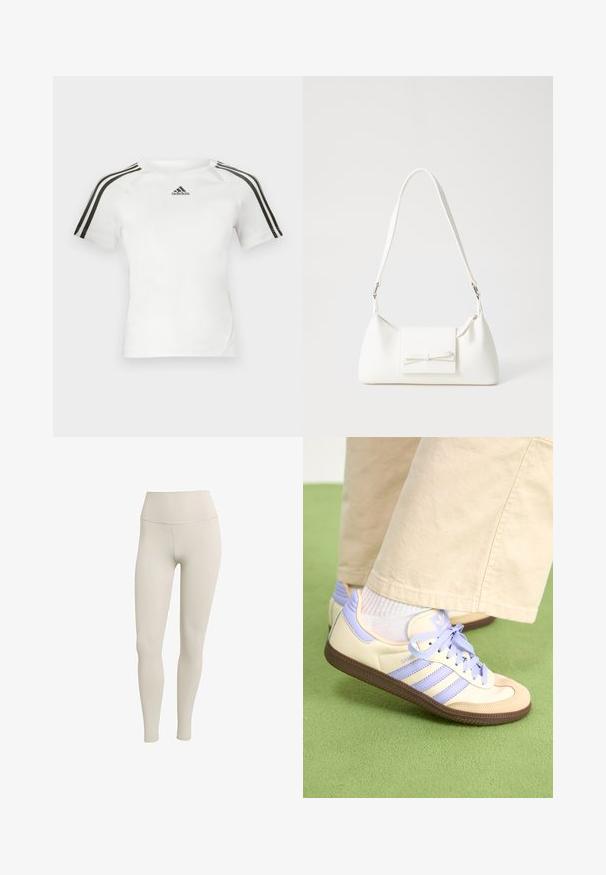 Bílý sportovní triko s krátkým rukávem, s černým třemi pruhy na ramenou, hladkou texturou a malým černým logem adidas na hrudi.; Krémové legíny vyrobené z elastického materiálu s vysokým pasem. Hladký povrch, přiléhavý design, bez viditelných vzorů nebo kovových prvků.; Krémové a levandulové tenisky se třemi pruhy a texturovanou hnědou podrážkou, vybavené tkaničkami a polstrovanou patou. Měkký textilní svršek.; Bílá syntetická kabelka v trojúhelníkovém tvaru, s plochým předním klopným víkem a detailem mašle, nastavitelným popruhem, hladkým povrchem a minimalistickým designem.