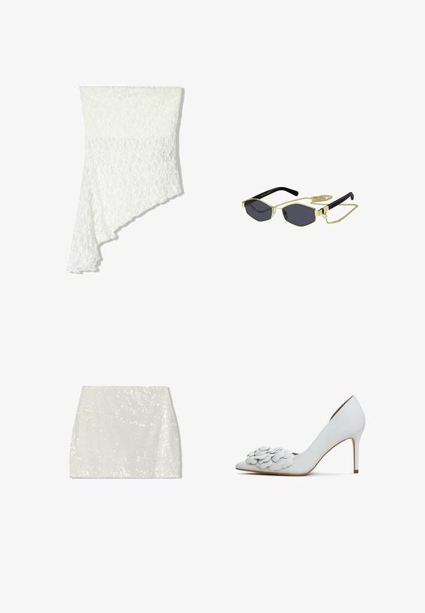 Biała koronkowa chusta o asymetrycznym wzorze, z teksturowanym motywem, miękkim materiałem i swobodnym opadaniem z jednej strony.; Bershka - Spódnica trapezowa; Białe skórzane szpilki z wydłużonym noskiem i warstwowym detalem w postaci aplikacji kwiatowych z przodu, z eleganckim obcasem typu stiletto.; Ośmiokątne okulary przeciwsłoneczne z ciemnymi soczewkami, złotymi metalowymi akcentami i czarnymi plastikowymi ramionami; zawierają odczepianą złotą łańcuszek.