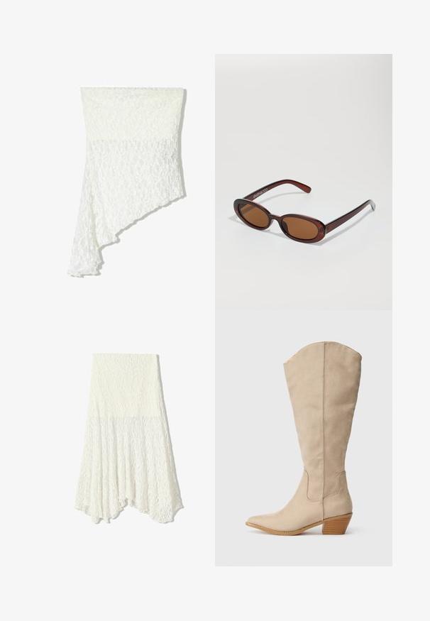 Bijela čipkasta marama s asimetričnim dizajnom, koja sadrži teksturirani uzorak, mekani materijal i lagano padajući rub s jedne strane.; Bijela čipkasta suknja s teksturiranim uzorkom, koja ima asimetrični rub i lepršavu siluetu, izrađena od laganog materijala.; Bež antilop čizmama do koljena s šiljastim vrhom, masivnim potplatom i vidljivim šavnim detaljima. Glatka tekstura s jednostavnim dizajnom.; Okvir okruglih, smeđkastih sunčanih naočala s sjajnim burgundskim okvirom. Uski nositelji s suptilnim brendiranjem. Ravna leća.; Kremasta torba od umjetnog kožnog krzna s zaobljenim oblikom, smeđim kožnim detaljima i zlatnim kopčom s imenom marke.