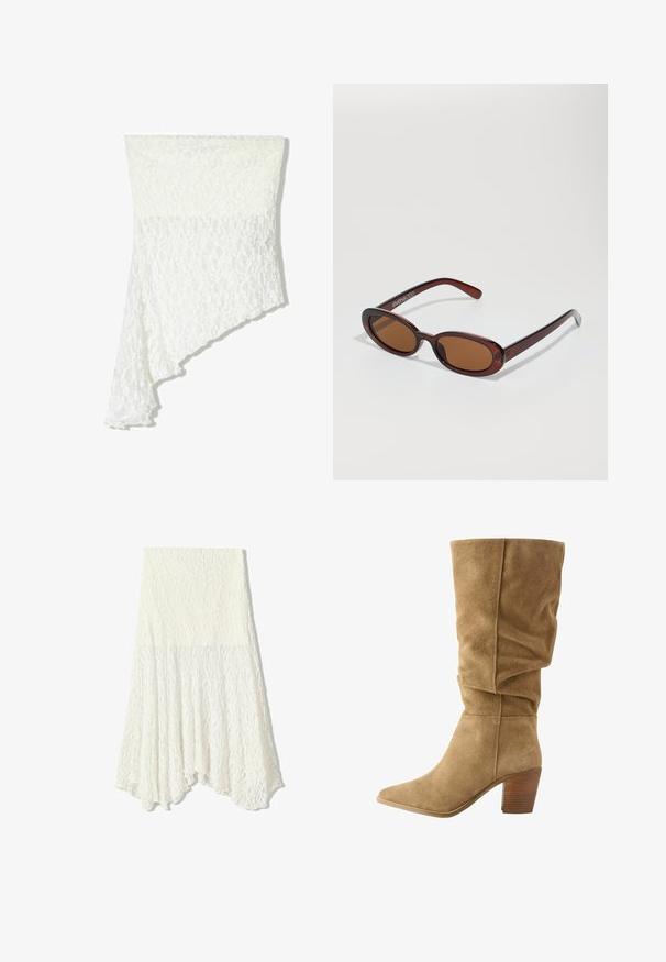 Biała koronkowa chusta o asymetrycznym wzorze, z teksturowanym motywem, miękkim materiałem i swobodnym opadaniem z jednej strony.; Biała koronkowa spódnica z teksturowanym wzorem, z asymetrycznym dołem i zwiewną sylwetką, wykonana z lekkiego materiału.; Brązowe zamszowe botki do kolan o luźnym kroju, z wydłużonym noskiem i drewnianym, słupkowym obcasem. Miękka tekstura z widocznymi haftami.; Okrągłe, brązowe okulary przeciwsłoneczne z błyszczącą bordową oprawą. Cienkie ramiona z subtelnym detalem marki. Płaski kształt soczewek.