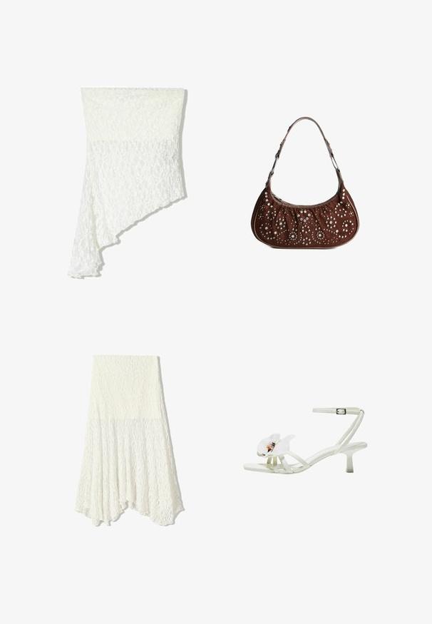Valkoinen pitsihuivi, jossa on epäsymmetrinen muotoilu, teksturoidut kuviot, pehmeä kangas ja virtaava roso toisella puolella.; Valkoinen pitsihame, jossa on teksturoitu kuvio, epäsymmetrinen helma ja soljuva siluetti, valmistettu kevyestä kankaasta.; Valkoiset korkokengät, jotka on valmistettu tekstuurimateriaalista, ja joissa on leveä kukkaaksentti varpaassa, ohuet remmit ja keskipitkä stilettikorko.; Ruskea mokkanahkainen olkalaukku, jossa on kuunsirppi muoto ja joka on koristeltu hopeisilla ja kultaisilla pyöreillä niiteillä kukka- ja ympyräkuvioissa.