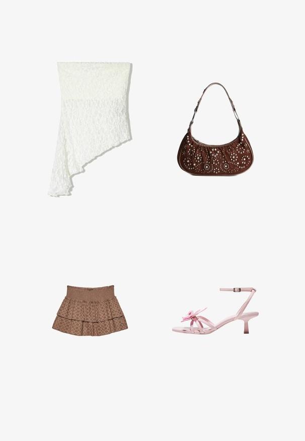 Weißer Spitzen-Schal mit asymmetrischem Design, das ein strukturiertes Muster, weichen Stoff und einen fließenden Fall auf einer Seite bietet.; Brauner, gestufter Rock aus weichem Stoff. Verfügt über einen elastischen Bund und bestickte Muster mit geometrischem Design.; Rosa Lackleder-Absatzsandalen mit einer floralem Akzent an der Zehe, ausgestattet mit einem verstellbaren Knöchelriemen und einem schmalen, kurzen Absatz.; Braune Wildleder-Schultertasche in Halbmondform, verziert mit silbernen und goldenen runden Nieten in Blumen- und kreisförmigen Mustern.