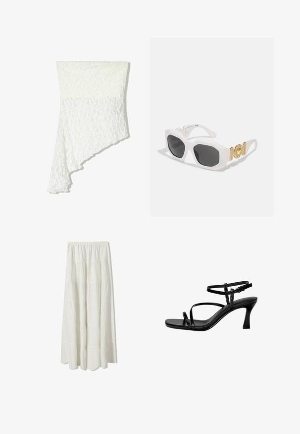 Biely čipkovaný šál s asymetrickým dizajnom, ktorý má textúrovaný vzor, jemnú tkaninu a splývavý strih na jednej strane.; Biela maxi sukňa s vrstveným dizajnom, s gumičkovým pásom, hladkou textúrou a splývavým strihom.; Čierne kožené sandále na podpätku s tenkými remienkami, štvorcovou špičkou a ihlovým podpätkom. Nastaviteľný remienok okolo členku pre lepšie prispôsobenie. Hladký povrch.; Biele oktagonálne slnečné okuliare s tmavými šošovkami. Obsahujú zlaté kovové akcenty a textúrovaný dizajn na ramenách.; Čierna syntetická plecnička s oblým siluetom, textúrovaným povrchom, zlatým trojuholníkovým logom a odnímateľnými kovovými detailmi.