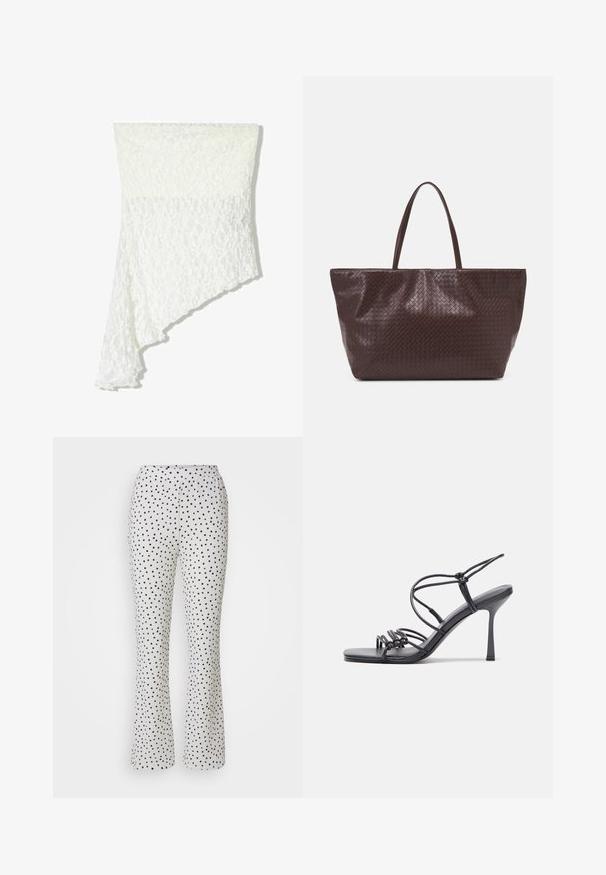 Sciarpa bianca in pizzo con design asimmetrico, caratterizzata da un motivo testurizzato, tessuto morbido e una caduta fluida lungo un lato.; Pantaloni bianchi con pois neri, caratterizzati da un design svasato e una vita elastica. Realizzati in tessuto leggero e testurizzato.; Sandali neri con tacco alto presentano sottili cinturini con design annodato, una punta quadrata liscia e un elegante tacco a spillo.; Borsa tote in pelle intrecciata marrone con due manici, dalla forma strutturata e superficie texturizzata, caratterizzata da un motivo a diamante in tutto il suo corpo.; Orecchini a cerchio in argento con una finitura liscia e lucente. Forma arrotondata, design leggero, con chiusura a perno.