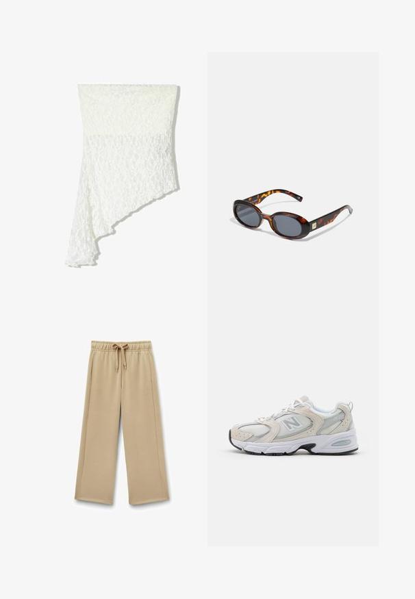 Hvid blondescarf med et asymmetrisk design, der har et tekstureret mønster, blødt stof og en flydende fald langs den ene side.; Beige brede sweatpants med elastisk talje, justerbar snor og sidelommer; blødt stof med en glat tekstur.; Sportssko med en lys grå mesh-overdel og ruskindsdetaljer, hvide snørebånd og en sort gummisål. Bemærkelsesværdig ABZORB dæmpning.; Brune skildpaddemønstret solbriller med ovale linser og mørkegrå toning. Har en guldfarvet accent på stængerne. Glat plastoverflade.; Brun læder tote bag med to forlængede håndtag, struktureret rektangulær form, glat overflade og subtile syninger.