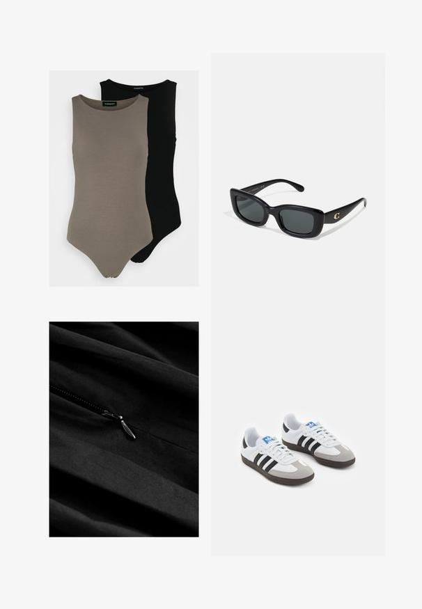 Dva brezrokavnika v olivno zeleni in črni barvi. Narejena iz gladkega materiala z okroglo ovratnikom in visoko izrezom na nogah.; Črn material z gladko teksturo in vidnim zadrgo. Zadrga ima kovinski zabočnik, ki se subtilno zlije s temno tkanino.; Športni čevlji z belim usnjenim zgornjim delom, sivim semišem na prstih in tremi črnimi črtami. Imajo modro logo na jeziku in teksturiran gumijast podplat.; Črne pravokotne sončna očala s temnimi lečami, narejena iz gladkega plastike. Imajo zlati logotip na eni ročici.; Črna tkaninasta torba s two ročaji, ki ima teksturirano površino in pravokotno obliko. Preprost, edinstven dizajn brez vidne opreme.