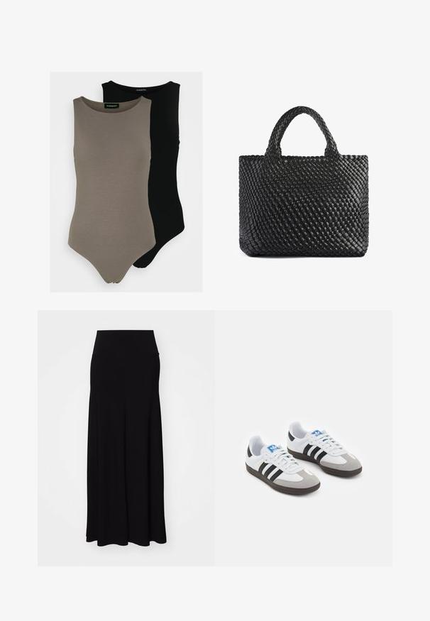 Dos bodies sin mangas en verde oliva y negro. Confeccionados en una tela suave, cuentan con un escote redondo y un diseño de pierna alta.; Falda larga negra con una amplia cinturilla elástica; fabricada en un tejido suave y elástico; presenta un diseño fluido y un corte hasta el suelo.; Zapatillas deportivas con parte superior de piel blanca, puntera de ante gris y tres rayas negras. Presentan un logo azul en la lengüeta y una suela de goma texturizada.; Bolso tote tejido negro con dos asas, que presenta una superficie texturizada y una forma rectangular. Diseño simple y único sin hardware visible.