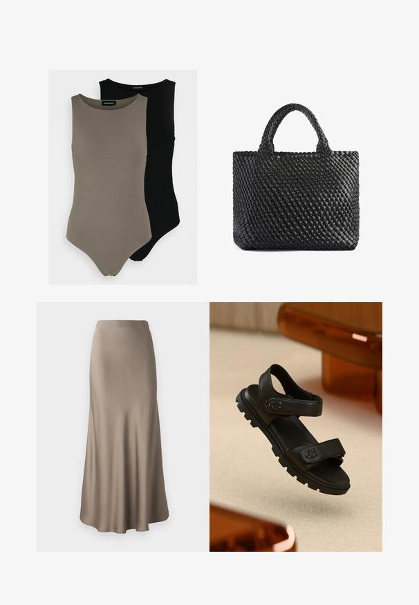 Zwei ärmellose Body Suits in olivgrün und schwarz. Aus glattem Stoff mit rundem Ausschnitt und hohem Beinausschnitt.; Langer brauner Satinrock mit glatter Textur, der eine fließende Silhouette und einen leicht ausgestellten Saum aufweist. Keine sichtbaren Beschläge oder Muster.; Schwarze Ledersandale mit zwei verstellbaren Riemen, strukturiertem Sohlen und gewagtem, klobigem Design. Verfügt über ein Logo-Detail am Riemen.; Schwarze geflochtene Tragetasche mit zwei Griffen, ausgestattet mit einer strukturierten Oberfläche und rechteckiger Form. Einfaches, einzigartiges Design ohne sichtbare Hardware.