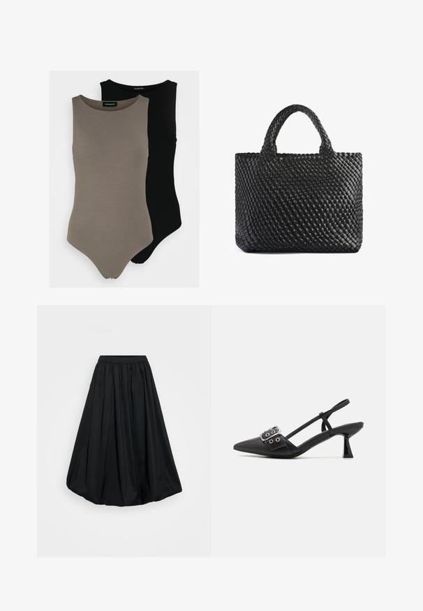 Două body-uri fără mâneci, în verde măsliniu și negru. Confectionate dintr-un material neted, cu decolteu rotund și un design cu picior înalt.; Fustă neagră, până la glezne, confecționată dintr-un material ușor, cu un elastic în talie și un design plisat, având o textură netedă și o formă voluminoasă.; Simmi London DALA - Pantofi clasici cu toc - black; Geantă de umăr împletită neagră cu două mânere, având o suprafață texturată și o formă rectangulară. Design simplu și unic, fără hardware vizibil.