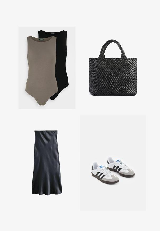 Du chambray beždžioninių bodysuit'ų, vienas alyvuogių žalios, kitas juodas. Pagaminti iš glotnaus audinio su apvaliu iškirpimu ir aukštu kirpimu ant kojų.; Juodas šilko midi suknelė su tiesiu kirpimu, glotnia tekstūra ir subtiliu blizgesiu. Neturi matomų detalių ar raštų.; Sportiniai batai su balta odine viršutine dalimi, pilku zomšiniu priekiu ir trimis juodomis juostelėmis. Ant liežuvio yra mėlynas logotipas, o padas pagamintas iš tekstūruoto gumos.; Juoda austa rankinė su dviem rankenomis, turinti tekstūruotą paviršių ir stačiakampio formą. Paprastas, unikalus dizainas be matomų detalių.