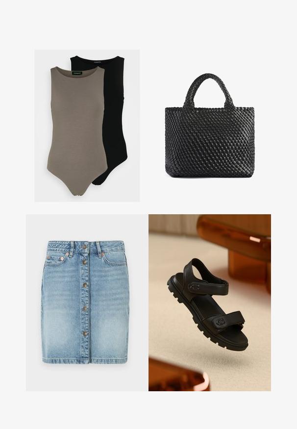 Dos bodies sin mangas en verde oliva y negro. Confeccionados en una tela suave, cuentan con un escote redondo y un diseño de pierna alta.; Falda de mezclilla azul claro con botones en la parte delantera, cinco bolsillos y detalles de costura. Presenta un corte recto y un acabado ligeramente desgastado.; Sandalia de cuero negra con dos correas ajustables, suela texturizada y un diseño audaz y grueso. Presenta un acento de logo en la correa.; Bolso tote tejido negro con dos asas, que presenta una superficie texturizada y una forma rectangular. Diseño simple y único sin hardware visible.