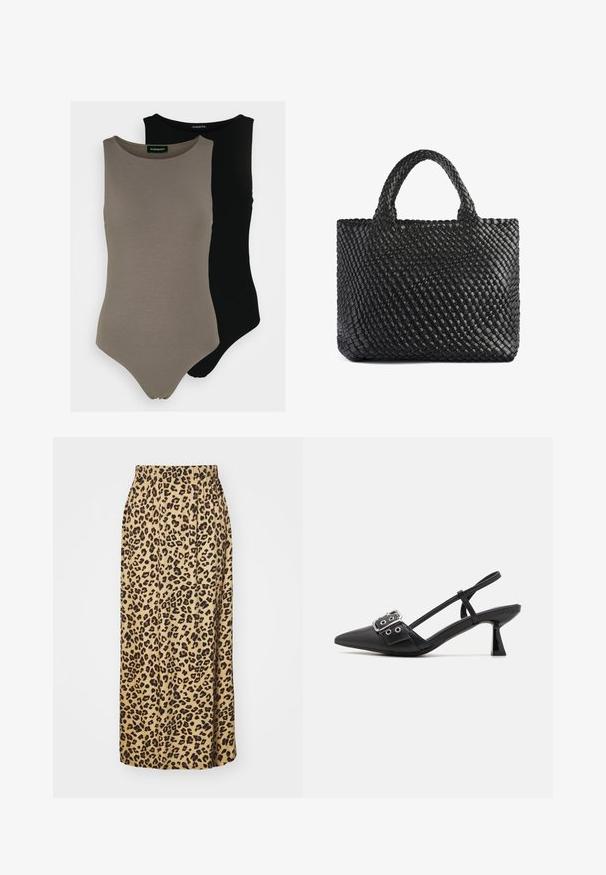 Kaksi hihattomaa bodysuitia oliivinvihreänä ja mustana. Valmistettu sileästä kankaasta, jossa on pyöreä pääntie ja korkea lahkeiden leikkaus.; Hameu täysimittainen, beige leopardikuosisella kankaalla, jossa on joustava vyötärö, sileä texture ja laskostettu muotoilu.; Simmi London DALA - Avokkaat - black; Mustakudottu kassi kahdella kahvalla, jossa on tekstuuri pinta ja suorakulmainen muoto. Yksinkertainen, ainutlaatuinen muotoilu ilman näkyvää metalliosaa.