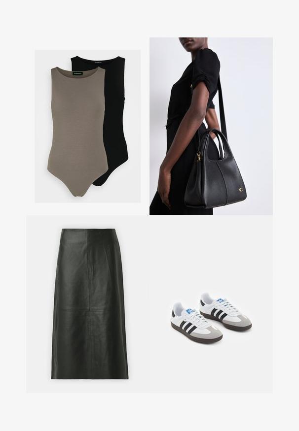Dva bezrukávové body v olivovo zelenej a čiernej farbe. Vyrobené z hladkej tkaniny s okrúhlym výstrihom a vysokým strihom nohavíc.; Čierna kožená midi sukňa so rovnými línijami. Hladká štruktúra, minimálne švy a priliehavý pás. Žiadne viditeľné vrecká ani ďalšie detaily.; Športové topánky s bielym koženým zvrškom, šedou semišovou špičkou a tromi čiernymi pruhmi. Obsahujú modré logo na jazyku a štruktúrovanú gumovú podrážku.; Čierna kožená kabelka v tvare hobo, s hladkým povrchom, zaobleným vrchom a zlatými kovovými doplnkami.