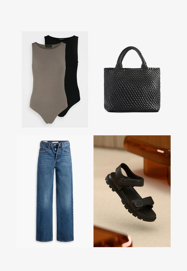 Due bodysuit smanicati in verde oliva e nero. Realizzati in tessuto morbido, con scollatura rotonda e design a gamba alta.; Jeans in denim blu con un design a gamba larga, cinque tasche, chiusura con bottoni e cuciture a contrasto. Tessuto testurizzato con una finitura sbiadita.; Sandalo in pelle nera con due cinturini regolabili, suola testurizzata e design audace e massiccio. Presenta un accento del logo sul cinturino.; Borsa a tracolla nera intrecciata con due manici, caratterizzata da una superficie texturizzata e una forma rettangolare. Design semplice e unico senza hardware visibile.