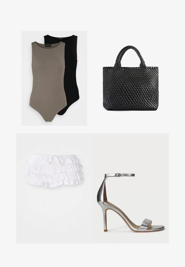 Dwa bezrękawnikowe body w oliwkowej zieleni i czerni. Wykonane z gładkiego materiału, z okrągłym dekoltem i wysokim krojem nogawki.; Biała spódnica kąpielowa z falbankami, wielowarstwowa, z paskiem do regulacji w talii. Miękki materiał o gładkiej teksturze.; Srebrne sandały na wysokim obcasie z wąskim paskiem na palcach, paskiem na kostkę z klamrą, eleganckim designem i gładką metaliczną teksturą.; Czarna pleciona torba na ramię z dwoma uchwytami, charakteryzująca się teksturowaną powierzchnią i prostokątnym kształtem. Prosty, unikalny design bez widocznych elementów metalowych.; Złote, sferyczne kolczyki o błyszczącej, refleksyjnej powierzchni. Ich design jest prosty i gładki, co tworzy nowoczesny, minimalistyczny wygląd.