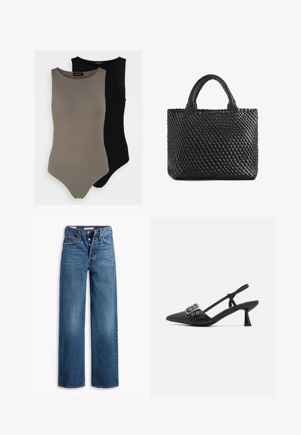 Kaks ilma varrukat kehaülikonda oliivirohelises ja mustas värvitoonis. Valmistatud siledast kangast, ringja kaelusega ja kõrge lõikega jalgade disainiga.; Sinine denim kangas, laia jalaga disain, viie taskuga, nööbiliidiga ja kontrastsete õmblustega. Tekstuuriga kangas, millel on pleekinud viimistlus.; Simmi London DALA - Klassikalised kontsakingad - black; Must Mustaga, millel on kaks käepidet, millel on tekstureeritud pind ja ristküliku kuju. Lihtne, ainulaadne disain, ilma nähtava riistvarata.