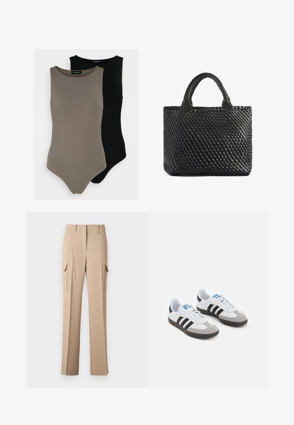 Kaksi hihattomaa bodysuitia oliivinvihreänä ja mustana. Valmistettu sileästä kankaasta, jossa on pyöreä pääntie ja korkea lahkeiden leikkaus.; Beige cargo-housut, joissa on kaksi sivutaskua, litteä etuosa ja neliömäinen metallikoriste vyötäröllä. Valmistettu sileästä, kevyestä kankaasta.; Urheilukengät, joissa on valkoinen nahkainen päällinen, harmaa mokkanokka ja kolme mustaa raitaa. Ominaisuuksina sininen logo kielekkeessä ja kuvioitu kumipohja.; Mustakudottu kassi kahdella kahvalla, jossa on tekstuuri pinta ja suorakulmainen muoto. Yksinkertainen, ainutlaatuinen muotoilu ilman näkyvää metalliosaa.