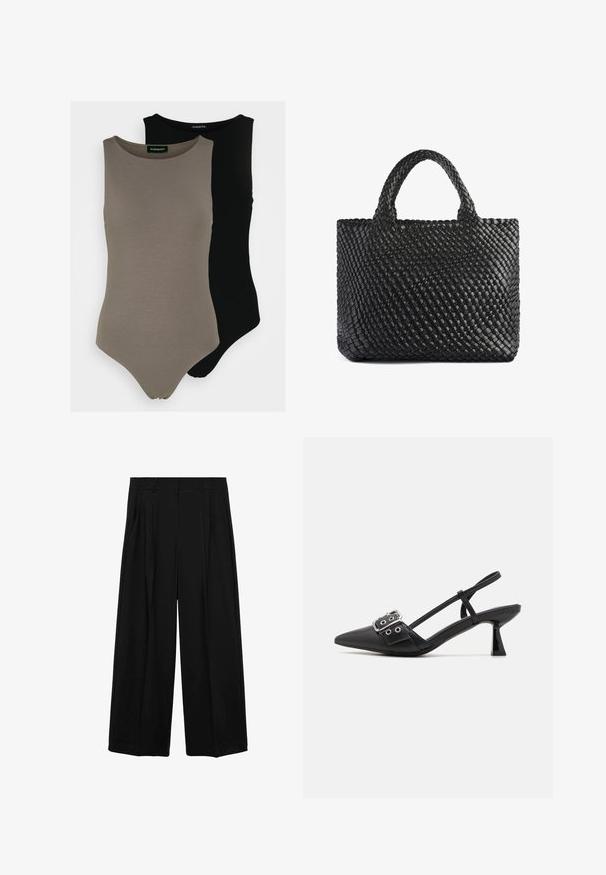 Two sleeveless bodysuits in olive green and black. Made of smooth fabric with a round neckline and a high-cut leg design.; Black wide-leg trousers featuring a high waist, two front pleats, and smooth fabric texture, tailored for comfort and style.; Simmi London DALA - Classic heels - black; Black woven tote bag with two handles, featuring a textured surface and a rectangular shape. Simple, unique design with no visible hardware.