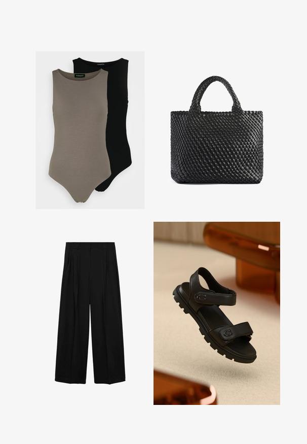 Dva bezrukávové body v olivovo zelenej a čiernej farbe. Vyrobené z hladkej tkaniny s okrúhlym výstrihom a vysokým strihom nohavíc.; Čierne nohavice s širokým strihom, vysokým pásom, dvomi prednými záhybmi a hladkou textúrou látky, navrhnuté pre pohodlie a štýl.; Čierne kožené sandále s dvoma nastaviteľnými popruhmi, textúrovanou podrážkou a výrazným, robustným dizajnom. Má akcent loga na popruhu.; Čierna tkaná taška na rameno s dvoma rúčkami, s textúrovaným povrchom a obdĺžnikovým tvarom. Jednoduchý, jedinečný dizajn bez viditeľných kovových prvkov.