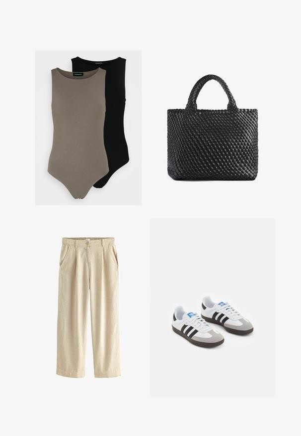Divi bezplecu bodijsu komplekts olīvu zaļā un melnā krāsā. Izgatavoti no gludas auduma ar apaļu izgriezumu un augstu kāju griezumu.; Next BLEND WIDE LEG - Auduma bikses - natural; Sporta apavi ar balto ādas virsu, pelēku zamšādas purngalu un trim melnām svītrām. Iezīmē zilu logotipu uz mēles un teksturētu gumijas zoli.; Melna austu iepirkumu soma ar divām rokturiem, ar teksturētu virsmu un taisnstūrveida formu. Vienkāršs, unikāls dizains bez redzamiem stiprinājumiem.