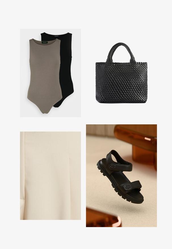 Due bodysuit smanicati in verde oliva e nero. Realizzati in tessuto morbido, con scollatura rotonda e design a gamba alta.; CALLI RENILA - Pantaloni - ecru; Sandalo in pelle nera con due cinturini regolabili, suola testurizzata e design audace e massiccio. Presenta un accento del logo sul cinturino.; Borsa a tracolla nera intrecciata con due manici, caratterizzata da una superficie texturizzata e una forma rettangolare. Design semplice e unico senza hardware visibile.