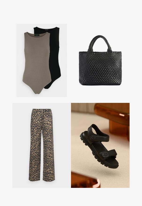 Twee mouwloze bodysuits in olijfgroen en zwart. Gemaakt van een gladde stof met een ronde halslijn en een hoog uitgesneden beenontwerp.; Leopardprint brede jeans van een katoenmix. Heeft een hoge taille, voorzakken en een contrasterend zwart-bruin patroon. Smal, rechte snit.; Zwarte leren sandaal met twee verstelbare banden, een gestructureerde zool en een gedurfde, robuuste uitstraling. Heeft een logo-accent op de band.; Zwarte geweven tas met twee handvatten, met een gestructureerd oppervlak en een rechthoekige vorm. Eenvoudig, uniek ontwerp zonder zichtbare bevestigingsmiddelen.