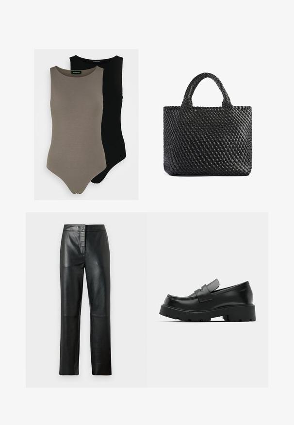 Twee mouwloze bodysuits in olijfgroen en zwart. Gemaakt van een gladde stof met een ronde halslijn en een hoog uitgesneden beenontwerp.; Zwarte leren broeken met een gladde textuur, voorzien van een recht pasvorm, een sluiting met een knoop aan de voorkant en minimale stiksels.; Zwarte leren instappers met een chunky, gestructureerde zool, voorzien van een band over de voet en een gladde, gepolijste afwerking.; Zwarte geweven tas met twee handvatten, met een gestructureerd oppervlak en een rechthoekige vorm. Eenvoudig, uniek ontwerp zonder zichtbare bevestigingsmiddelen.