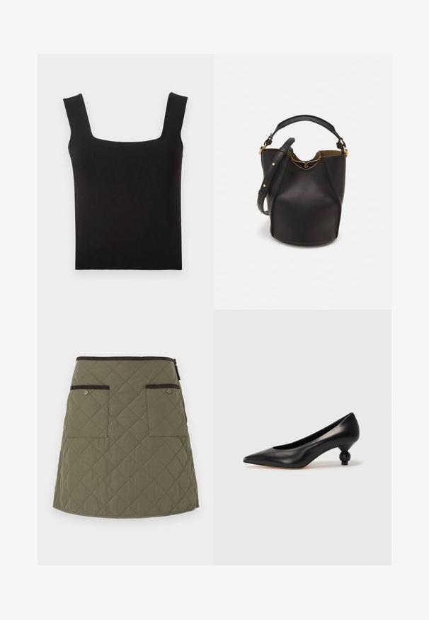 Top fără mâneci, cu decolteu pătrat, realizat dintr-un material neted. Are bretele late și o siluetă ajustată cu un tiv curat. Fără modele vizibile.; Fustă matlasată de culoare verde măsliniu, cu marginea care se termină deasupra genunchiului. Prezintă două buzunare frontale cu accente de culoare maro închis și închidere cu fermoar.; Pantofii cu toc înalt din piele neagră, cu vârf ascuțit și toc rotund, mimos. Textură netedă, cu un design elegant și minimalist.; Geantă din piele neagră în stil bucket, cu un finisaj texturat, accente din metal auriu și un compartiment deschis. Dispune de o mânere scurtă și un curea de umăr ajustabilă.