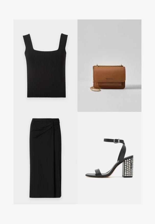 Black square-neck tank top made of smooth fabric. Features wide straps and a fitted silhouette with a clean hem. No visible patterns.; Black fitted midi skirt made of smooth fabric. Features a gathered front design and a draped, asymmetrical hem. No visible hardware or patterns.; Black leather heeled sandals with an ankle strap. Features a square toe, smooth texture, and square block heel adorned with silver studs.; Brown textured leather crossbody bag with gold chain strap and flap closure. Front features logo detail and a pocket under the flap.