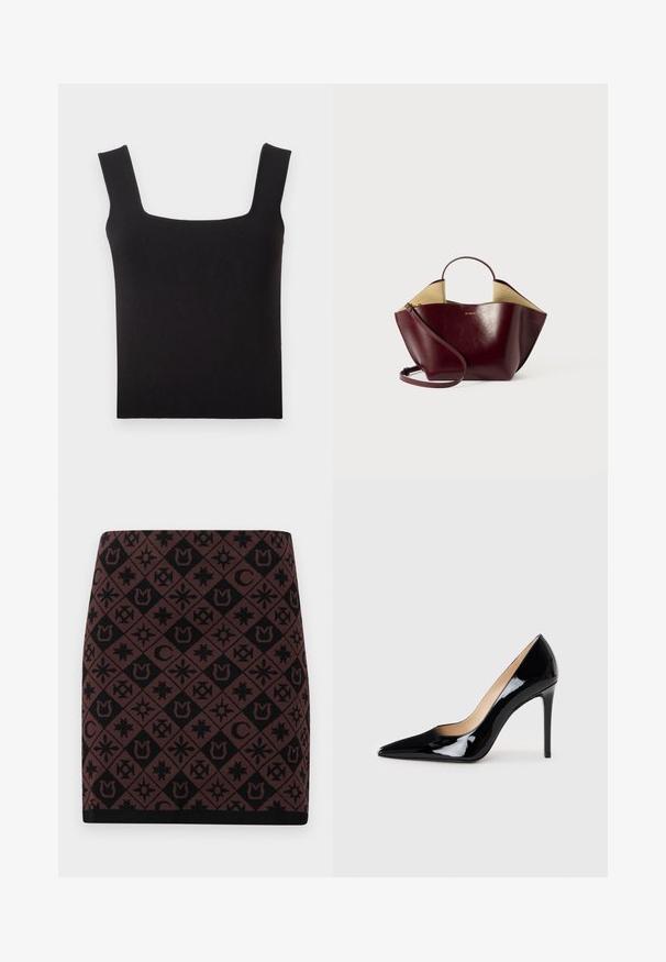 Top sin mangas negro de escote cuadrado, hecho de tela suave. Presenta tirantes anchos y una silueta ajustada con un dobladillo limpio. Sin patrones visibles.; Falda de punto con un patrón geométrico en negro y marrón con varios símbolos, de corte ajustado y una cinturilla negra en el dobladillo.; Zapato de tacón alto de charol negro con un diseño de punta afilada y una silueta elegante. Presenta un acabado suave y brillante y un tacón de aguja esbelto.; Bolso de mano de cuero burdeos con forma estructurada, que presenta un asa corta, una correa larga para el hombro y un interior beige en contraste.
