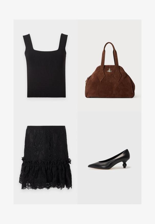 Schwarzes Tanktop mit quadratischem Ausschnitt aus glattem Stoff. Verfügt über breite Träger und eine figurbetonte Silhouette mit einem sauberen Saum. Keine sichtbaren Muster.; Schwarzer Spitzenrock mit einem strukturierten Oberteil, das einen gerüschten Spitzenabschluss aufweist. Der Stoff zeigt florale Muster und einen glatten Bund.; Schwarze Leder-Pumps mit spitzem Zehenbereich und runder, ballförmiger Ferse. Glatte Textur mit einem eleganten, minimalistischen Design.; Braune Wildleder-Handtasche mit strukturiertem Design, abgerundeter Form und länglichen, diamantförmigen Griffen. Mit einem silbernen Metallverschluss ausgestattet.
