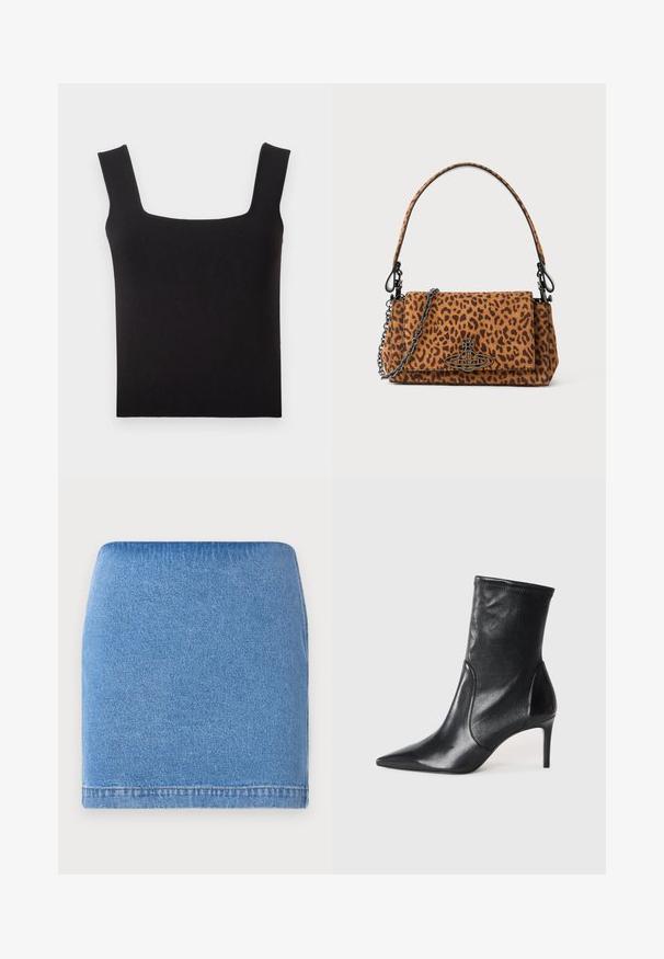 Černý top na ramínka se čtvercovým výstřihem vyrobený z hladkého materiálu. Má široké ramínka a přiléhavý střih s hladkým lemem. Žádné viditelné vzory.; Džínová minisukně v světlé modré barvě s upnutým střihem, rovný lem a jemná textura. Žádné viditelné zapínání nebo kapsy.; Černé kotníkové boty vyrobené z hladké kůže, s špičatou špičkou, těsným svrškem a tenkým vysokým podpatkem. Minimalistický design bez viditelné mechaniky.; Kabelka s leopardím potiskem vyrobená z semiše, s krátkým uchom, řetízkovým popruhem a černým kovovým zapínáním. Obdélníkový tvar s klopou.