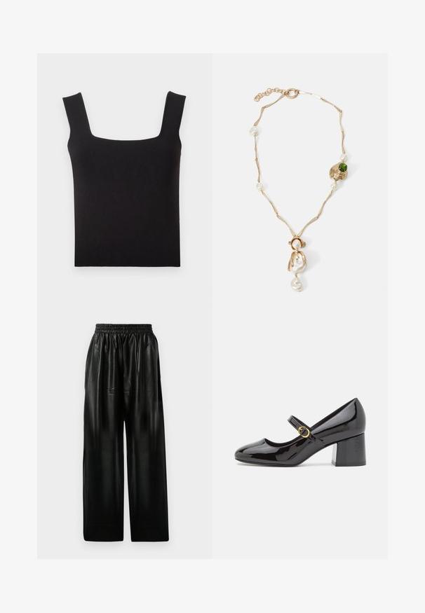 Crna majica s kvadratnim izrezom napravljena od glatke tkanine. Ima široke naramenice i prianjajuću siluetu s čistim rubom. Nema vidljivih uzoraka.; Crne kožne hlače širokih nogavica s elastičnom trakom u struku, koje imaju dva bočna džepa i glatku, sjajnu površinu.; Stuart Weitzman STUART - Klasične cipele s visokom petom - black; Ogrlica zlatne boje s uvijenim karikama, bijelim biserima i akcentom od zelene kamenčića. Sadrži složene detalje i kopču za zatvaranje.