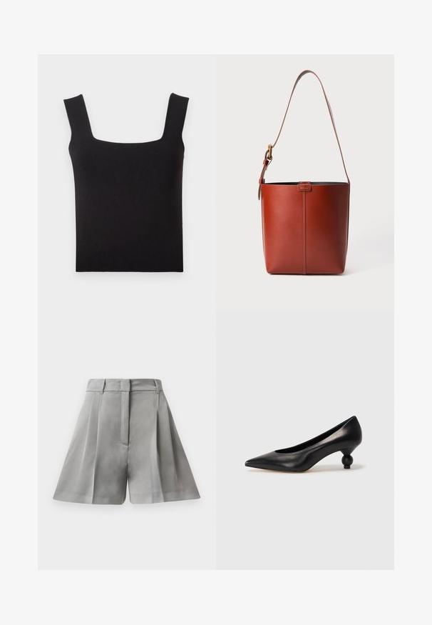 Black square-neck tank top made of smooth fabric. Features wide straps and a fitted silhouette with a clean hem. No visible patterns.; Gray pleated shorts made from smooth fabric, featuring a high waist, front pockets, and tailored design with clean lines.; Black leather high heel shoe with a pointed toe and a round, balled heel. Smooth texture with a sleek, minimal design.; Brown leather bucket bag with adjustable shoulder strap and gold-tone buckle, simple vertical seam detail on front.